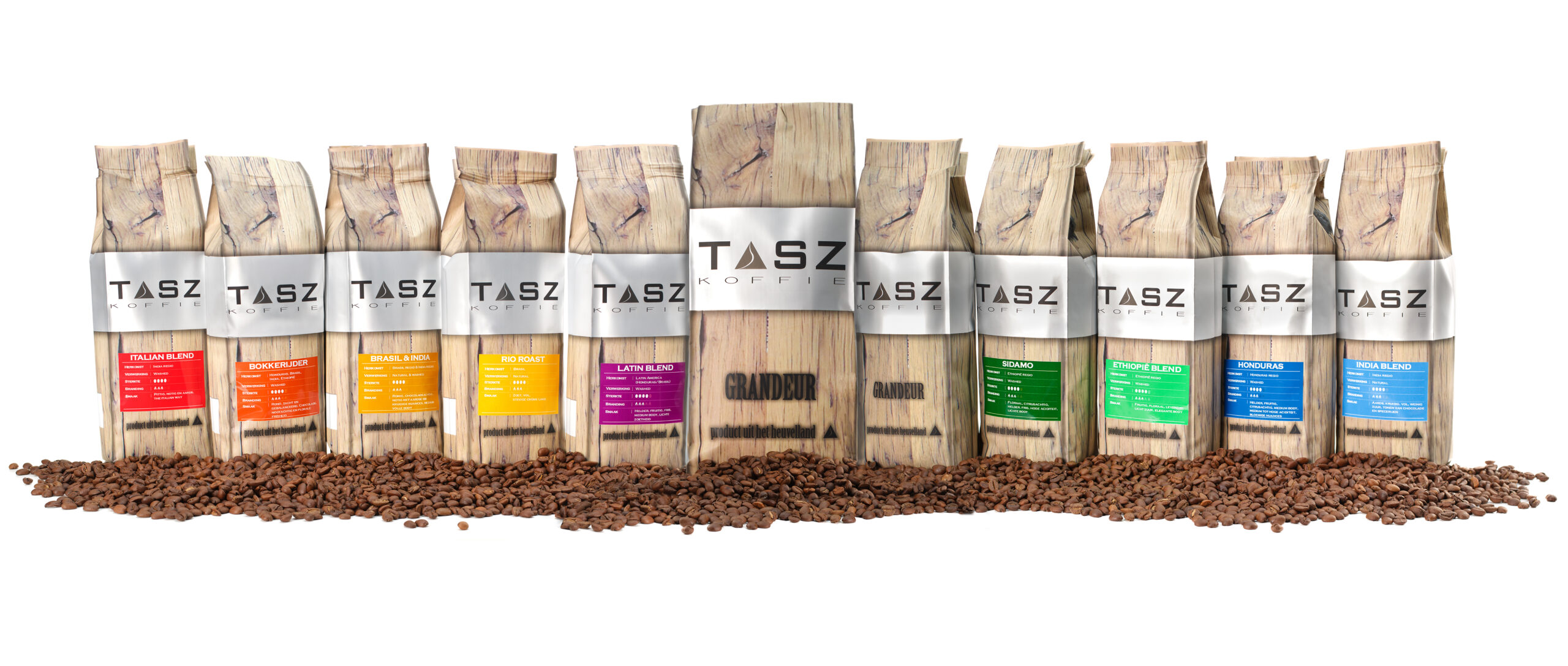 TASZ koffie - overzicht alle blends - highres Tasz koffie - koffiebranderij Vaals - productfotografie